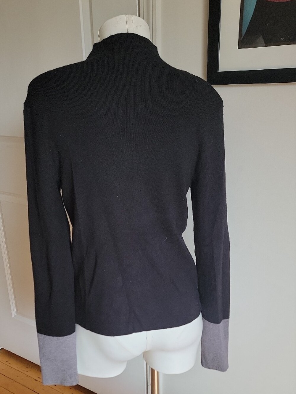 Commense Black Ribbed Mock Neck Sweater with Gray Contrast Cuffs - Size Large